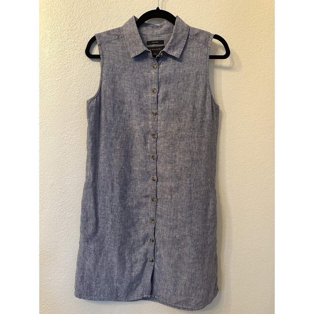 Tahari Sleeveless Button-Front Mini Dress in Chambray Blue